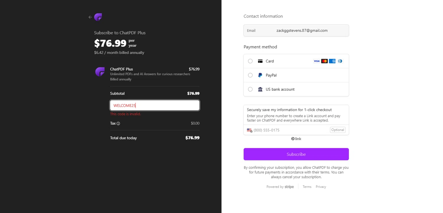 ChatPDF promo code screenshot showing code WELCOME25 applied at ChatPDF checkout page. Uploaded by SimplyCodes community member echidanarara on Mar 21, 2025