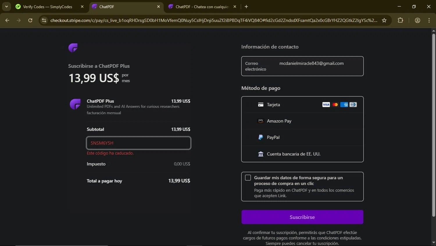 ChatPDF promo code screenshot showing code 5NSM6Y5H applied at ChatPDF checkout page. Uploaded by SimplyCodes community member FortunateElite8898 on Apr 16, 2025