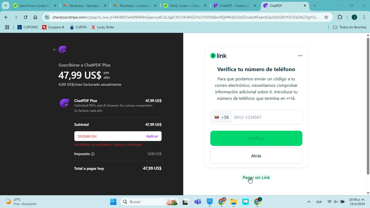 ChatPDF promo code screenshot showing code 5NSM6Y5H applied at ChatPDF checkout page. Uploaded by SimplyCodes community member jorgejavierherrera on Apr 16, 2025