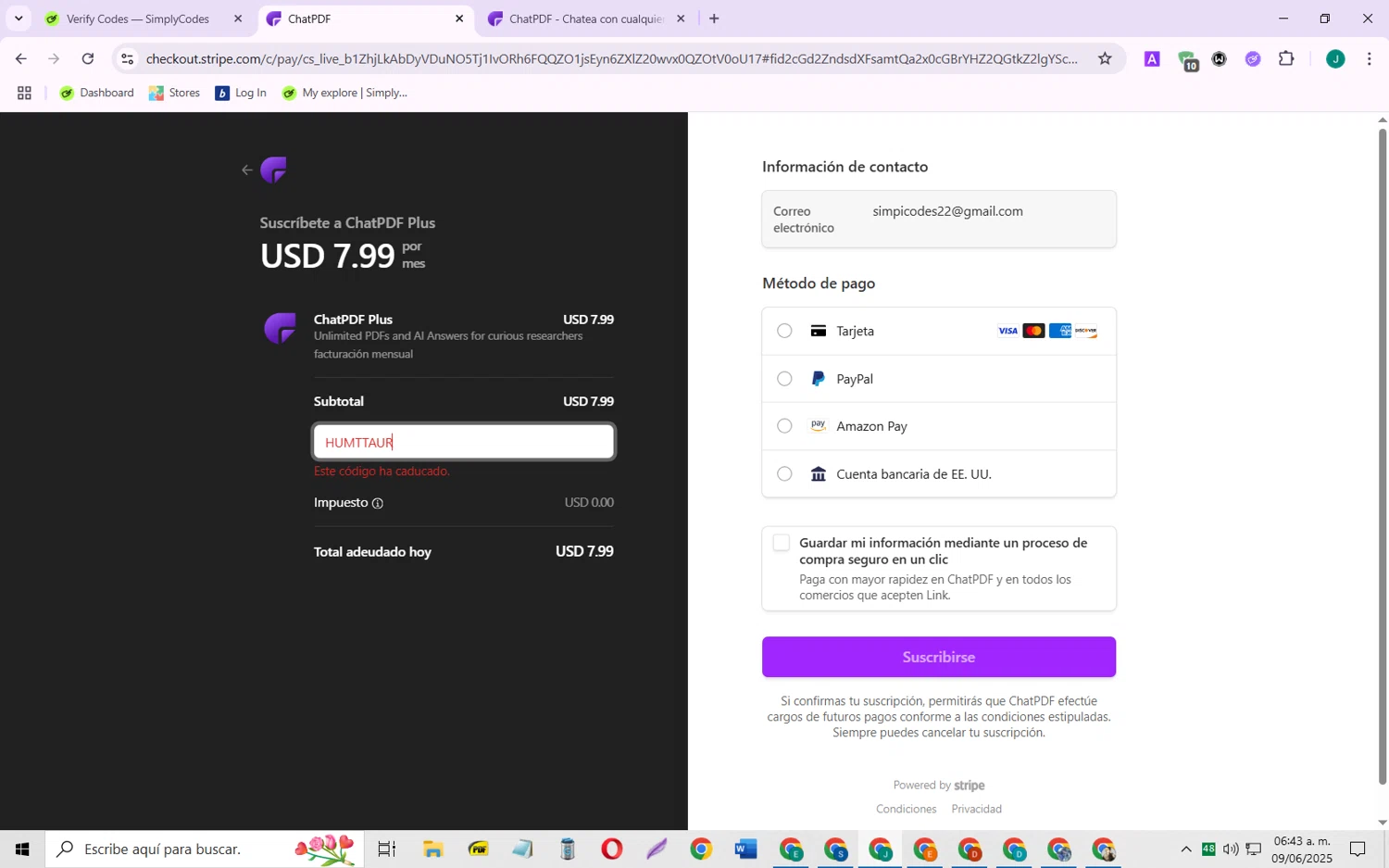 ChatPDF promo code screenshot showing code HUMTTAUR applied at ChatPDF checkout page. Uploaded by SimplyCodes community member SarayH on Jun 9, 2025