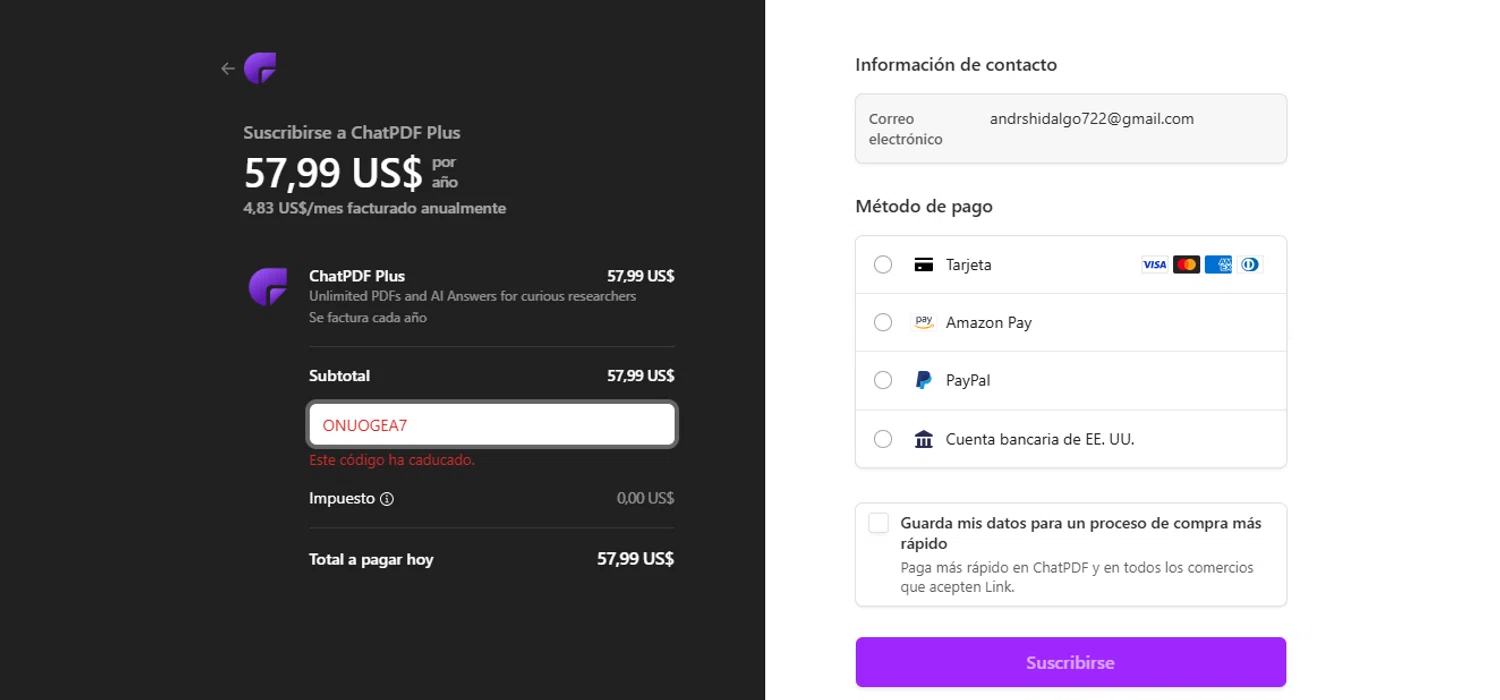 ChatPDF promo code screenshot showing code ONUOGEA7 applied at ChatPDF checkout page. Uploaded by SimplyCodes community member FundoKadmiel on Jul 13, 2025