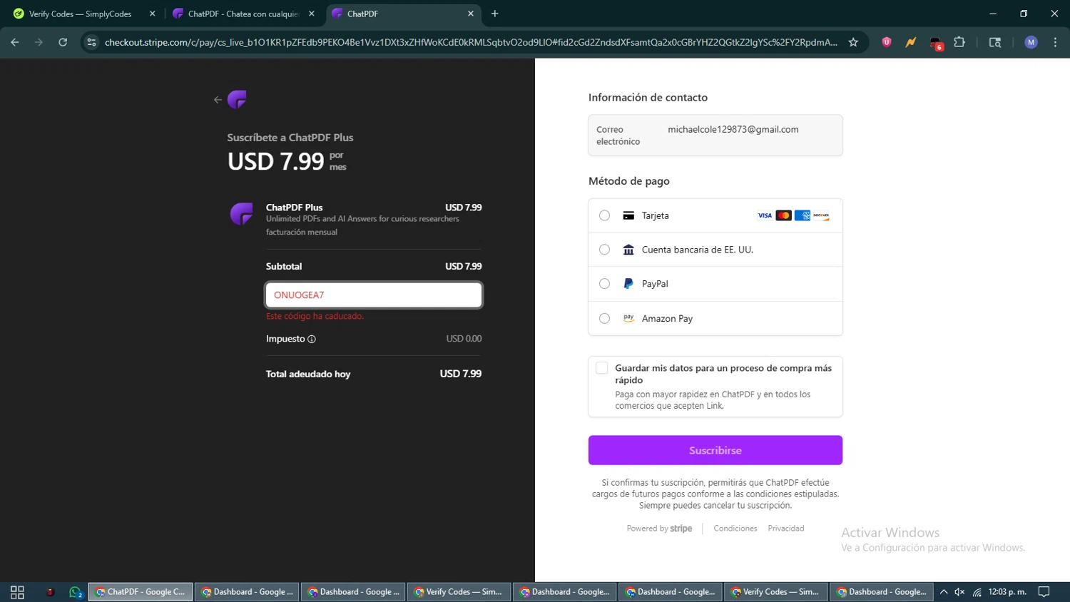 ChatPDF promo code screenshot showing code ONUOGEA7 applied at ChatPDF checkout page. Uploaded by SimplyCodes community member VoucherCurator824 on Jul 13, 2025