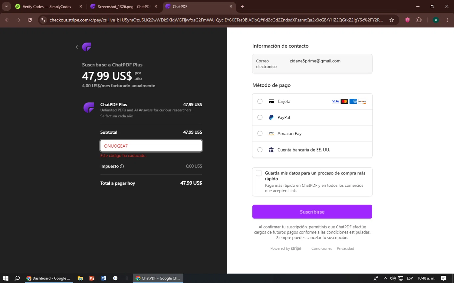ChatPDF promo code screenshot showing code ONUOGEA7 applied at ChatPDF checkout page. Uploaded by SimplyCodes community member zizu55 on Jul 13, 2025