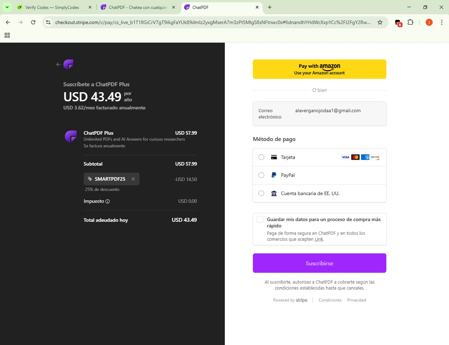 ChatPDF checkout page showing ChatPDF promo code box | Screenshot taken by SimplyCodes community member on Oct 28, 2025