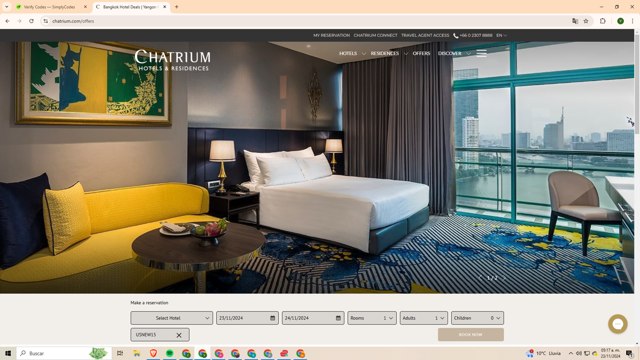 Chatrium Hotels & Residences checkout page showing Chatrium Hotels & Residences discount code box | Screenshot taken by SimplyCodes community member on Nov 23, 2024