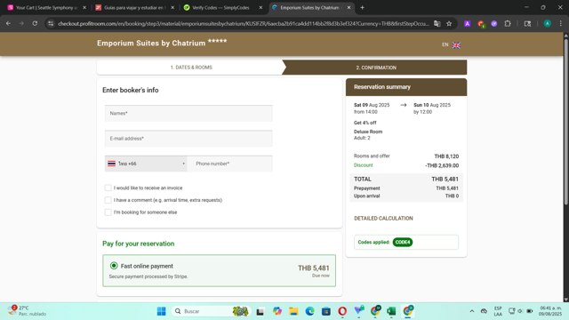 Chatrium Hotels & Residences checkout page showing Chatrium Hotels & Residences discount code box | Screenshot taken by SimplyCodes community member on Aug 9, 2025