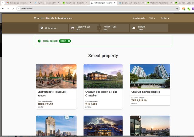 Chatrium Hotels & Residences checkout page showing Chatrium Hotels & Residences discount code box | Screenshot taken by SimplyCodes community member on May 30, 2025