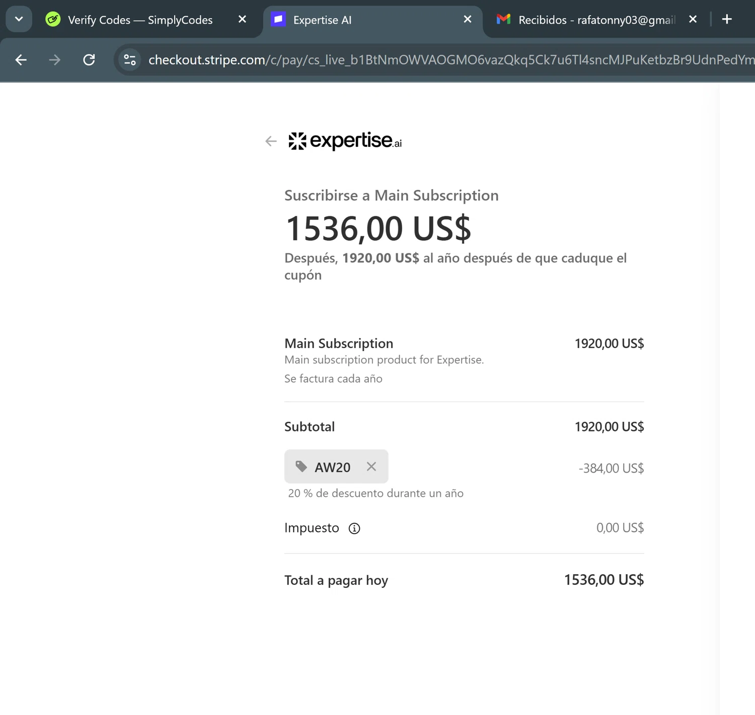 Chatsimple promo code screenshot showing code AW20 applied at Chatsimple checkout page. Uploaded by SimplyCodes community member ParisSmith on Dec 19, 2025
