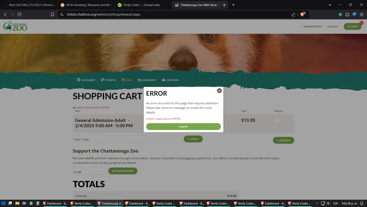 Chattanooga Zoo discount code screenshot showing code SPRING applied at Chattanooga Zoo checkout page. Uploaded by SimplyCodes community member Jgomez on Feb 1, 2025
