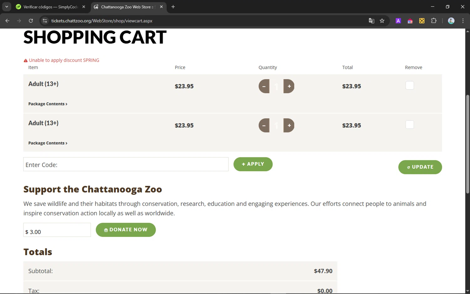 Chattanooga Zoo discount code screenshot showing code SPRING applied at Chattanooga Zoo checkout page. Uploaded by SimplyCodes community member NobleScholar188 on Mar 22, 2025