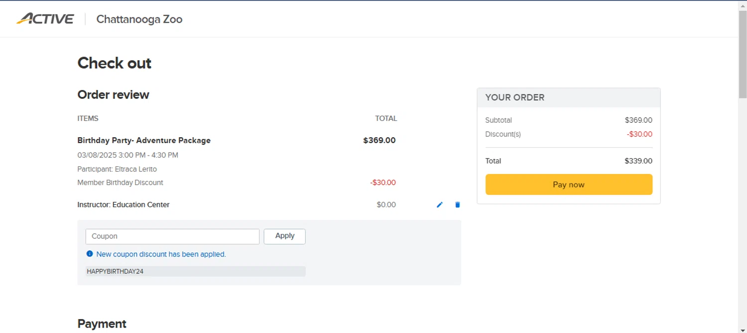Chattanooga Zoo discount code screenshot showing code HAPPYBIRTHDAY24 applied at Chattanooga Zoo checkout page. Uploaded by SimplyCodes community member Chrisyks on Feb 2, 2025
