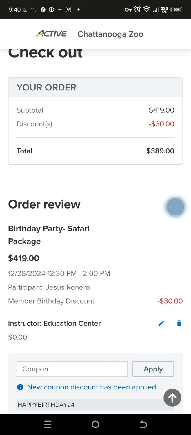 Chattanooga Zoo checkout page showing Chattanooga Zoo discount code box | Screenshot taken by SimplyCodes community member on Dec 4, 2024