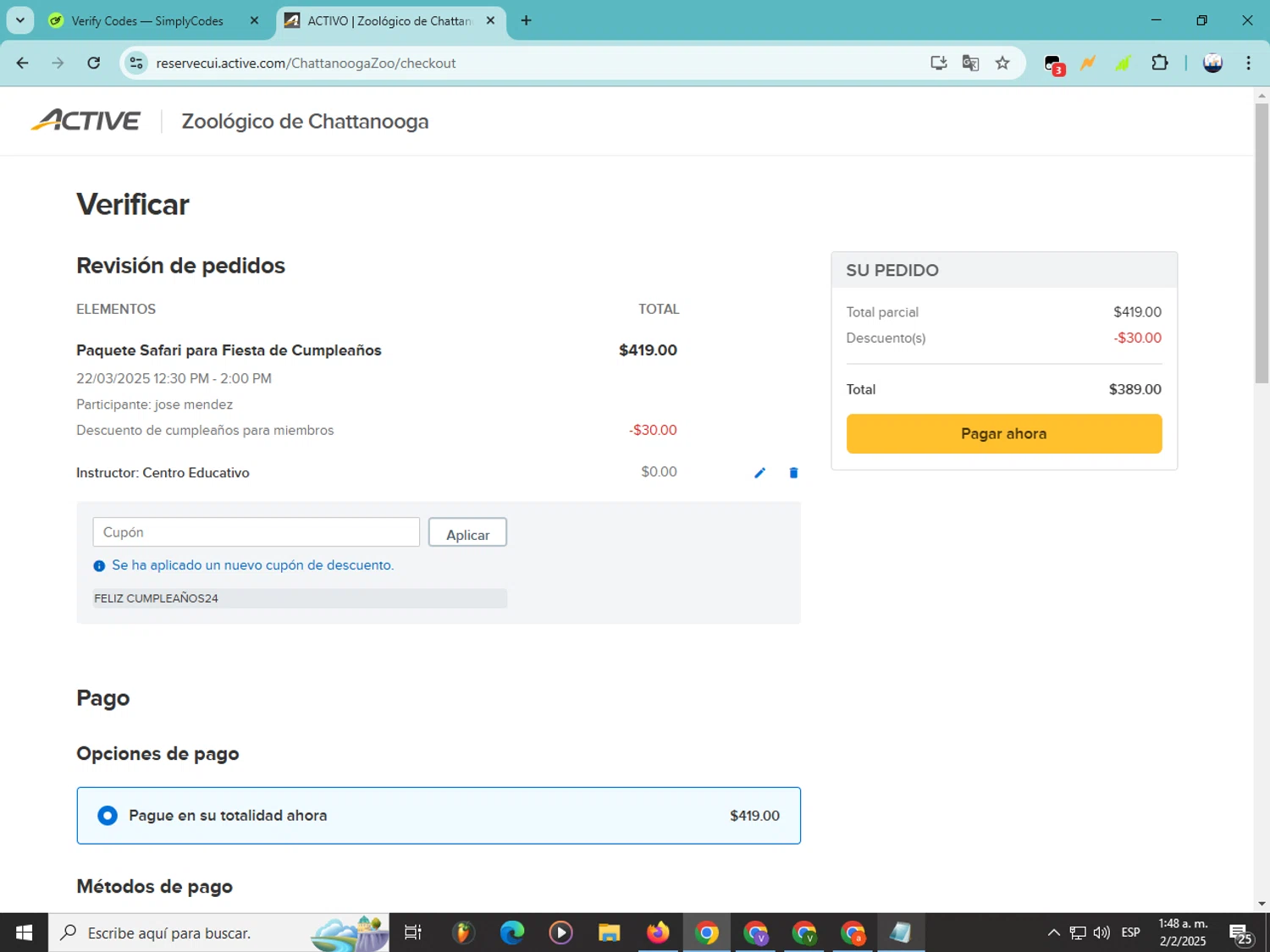 Chattanooga Zoo discount code screenshot showing code HAPPYBIRTHDAY24 applied at Chattanooga Zoo checkout page. Uploaded by SimplyCodes community member Soyvictor on Feb 2, 2025