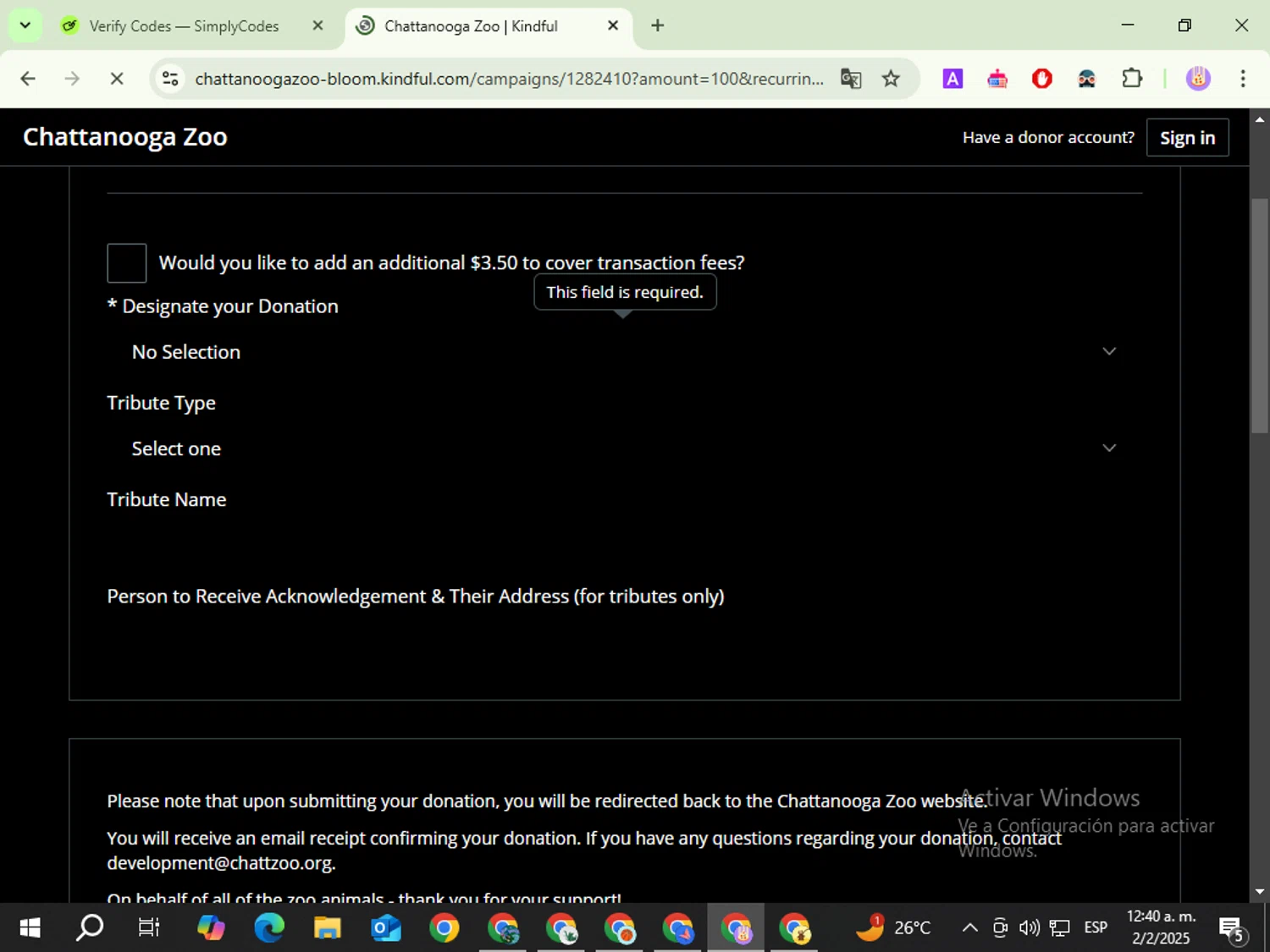Chattanooga Zoo discount code screenshot showing code HAPPYBIRTHDAY24 applied at Chattanooga Zoo checkout page. Uploaded by SimplyCodes community member LegendaryTiger3960 on Feb 2, 2025