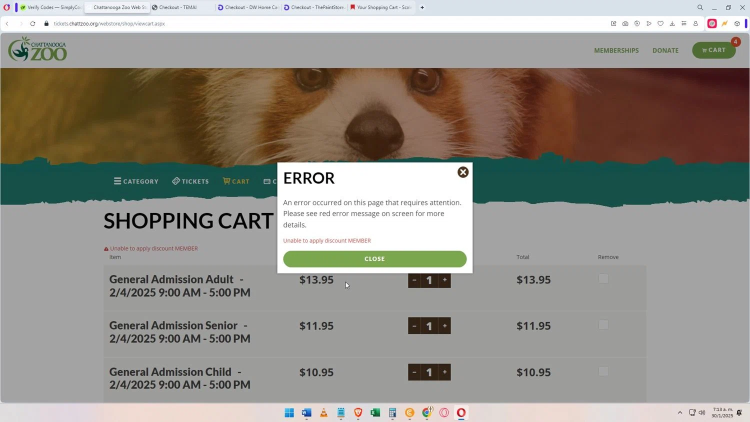 Chattanooga Zoo discount code screenshot showing code MEMBER applied at Chattanooga Zoo checkout page. Uploaded by SimplyCodes community member Darkosukaru on Jan 30, 2025