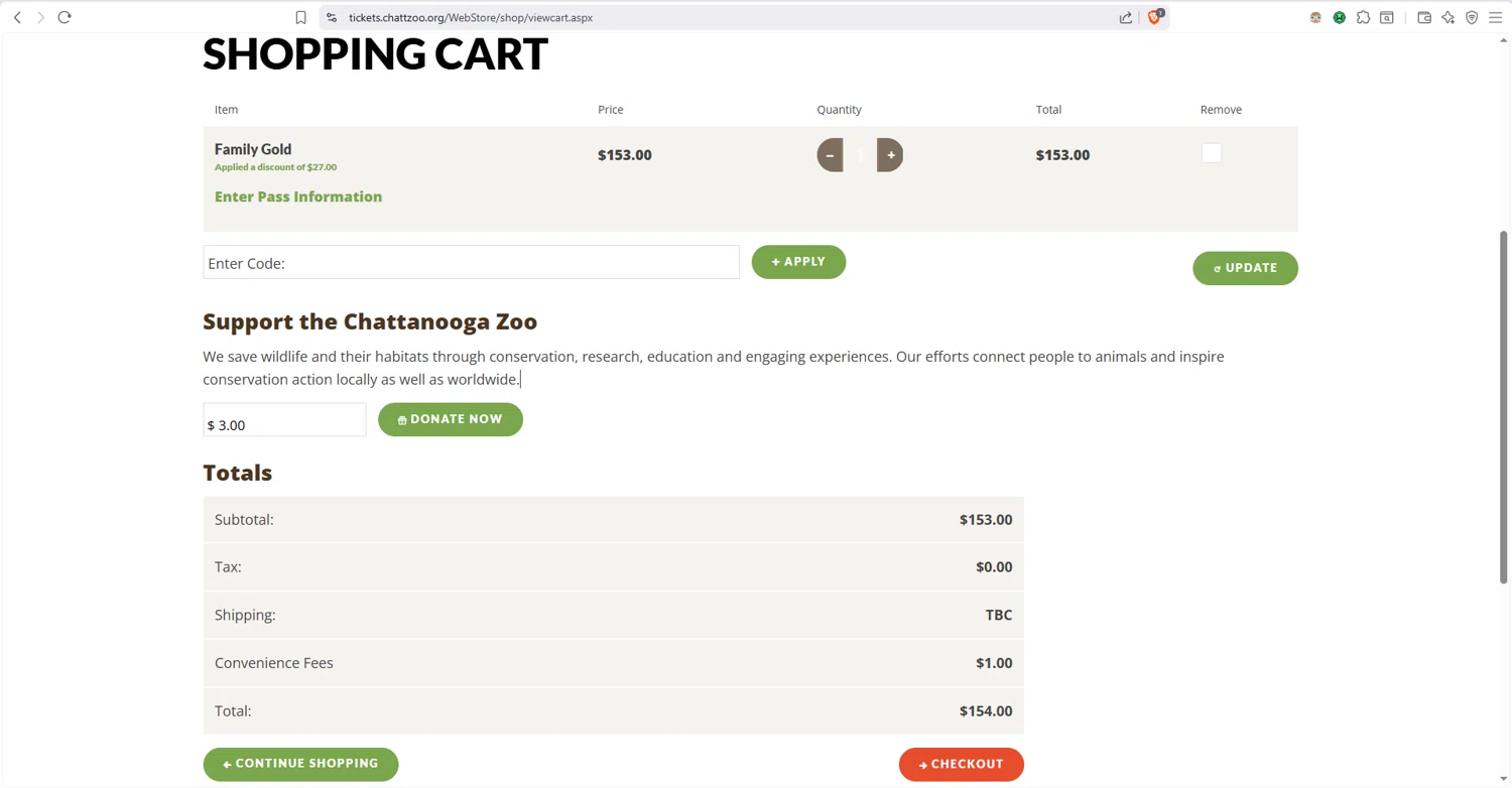 Chattanooga Zoo checkout page showing Chattanooga Zoo discount code box | Screenshot taken by SimplyCodes community member on Feb 3, 2026
