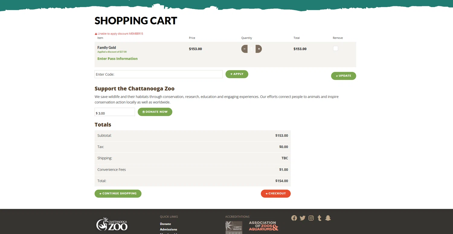 Chattanooga Zoo discount code screenshot showing code MEMBER15 applied at Chattanooga Zoo checkout page. Uploaded by SimplyCodes community member reggiesmith on Feb 3, 2026