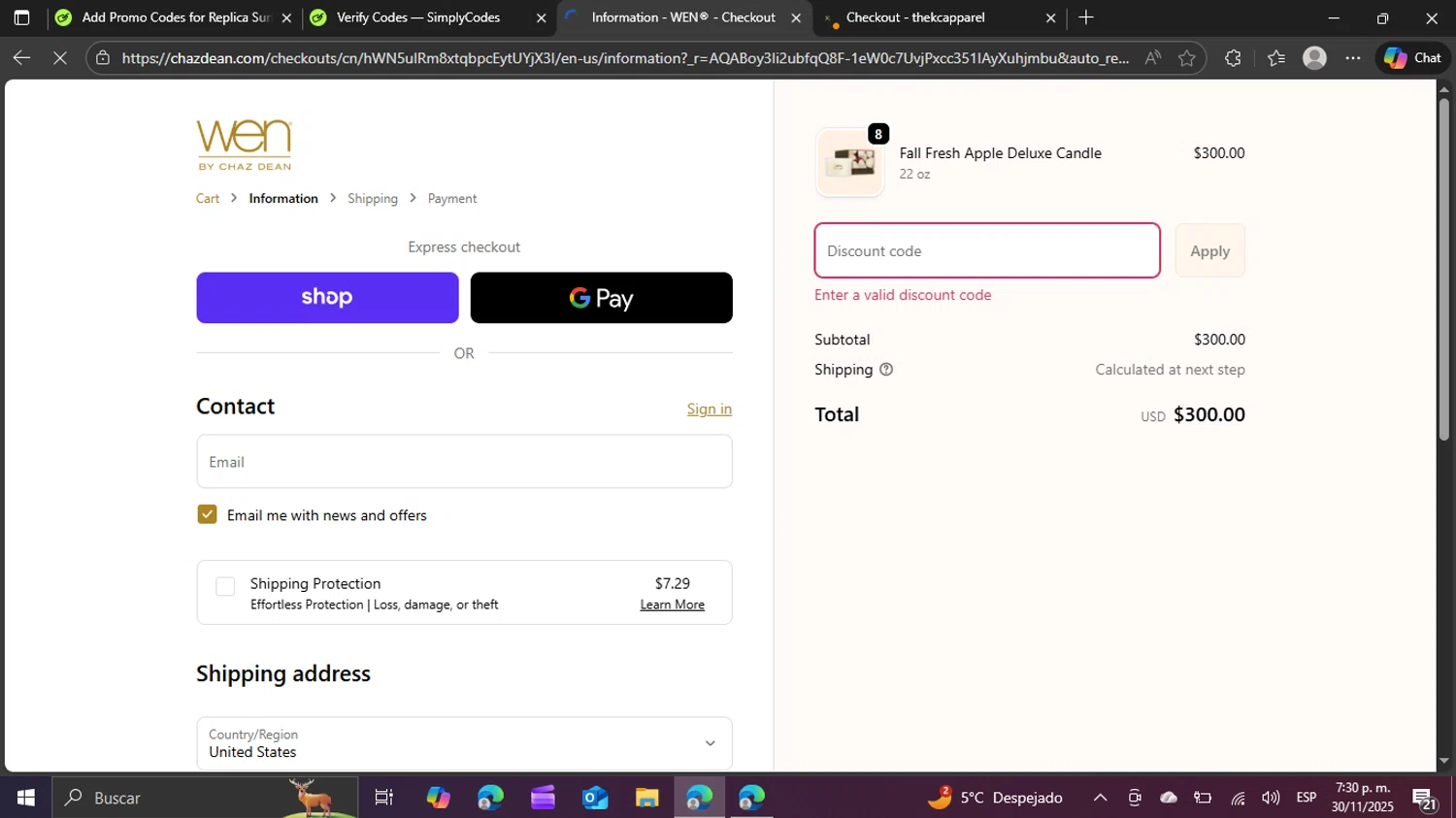 Chaz Dean promo code screenshot showing code WELCOME10 applied at Chaz Dean checkout page. Uploaded by SimplyCodes community member BudgetPro6018 on Nov 30, 2025