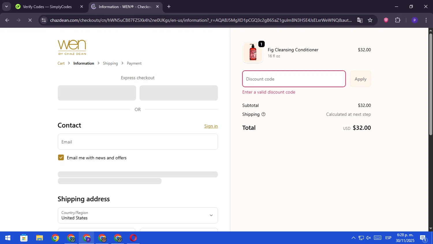 Chaz Dean promo code screenshot showing code WELCOME10 applied at Chaz Dean checkout page. Uploaded by SimplyCodes community member RebateScout6612 on Nov 30, 2025