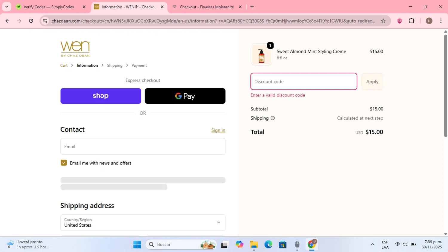 Chaz Dean promo code screenshot showing code hello15 applied at Chaz Dean checkout page. Uploaded by SimplyCodes community member MightyPilot3700 on Nov 30, 2025