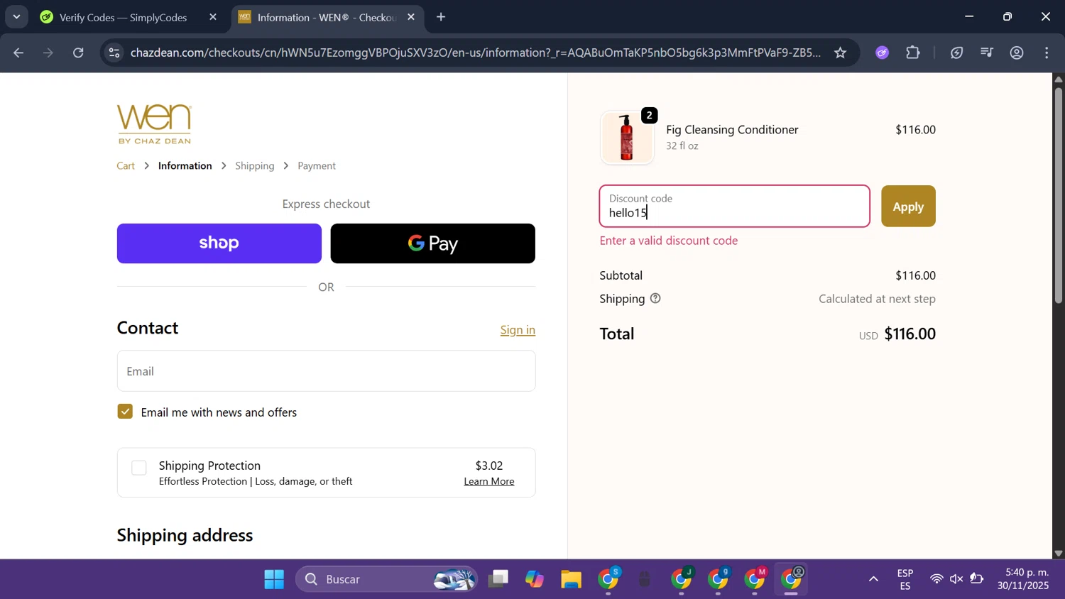 Chaz Dean promo code screenshot showing code hello15 applied at Chaz Dean checkout page. Uploaded by SimplyCodes community member SmartLegend506 on Nov 30, 2025