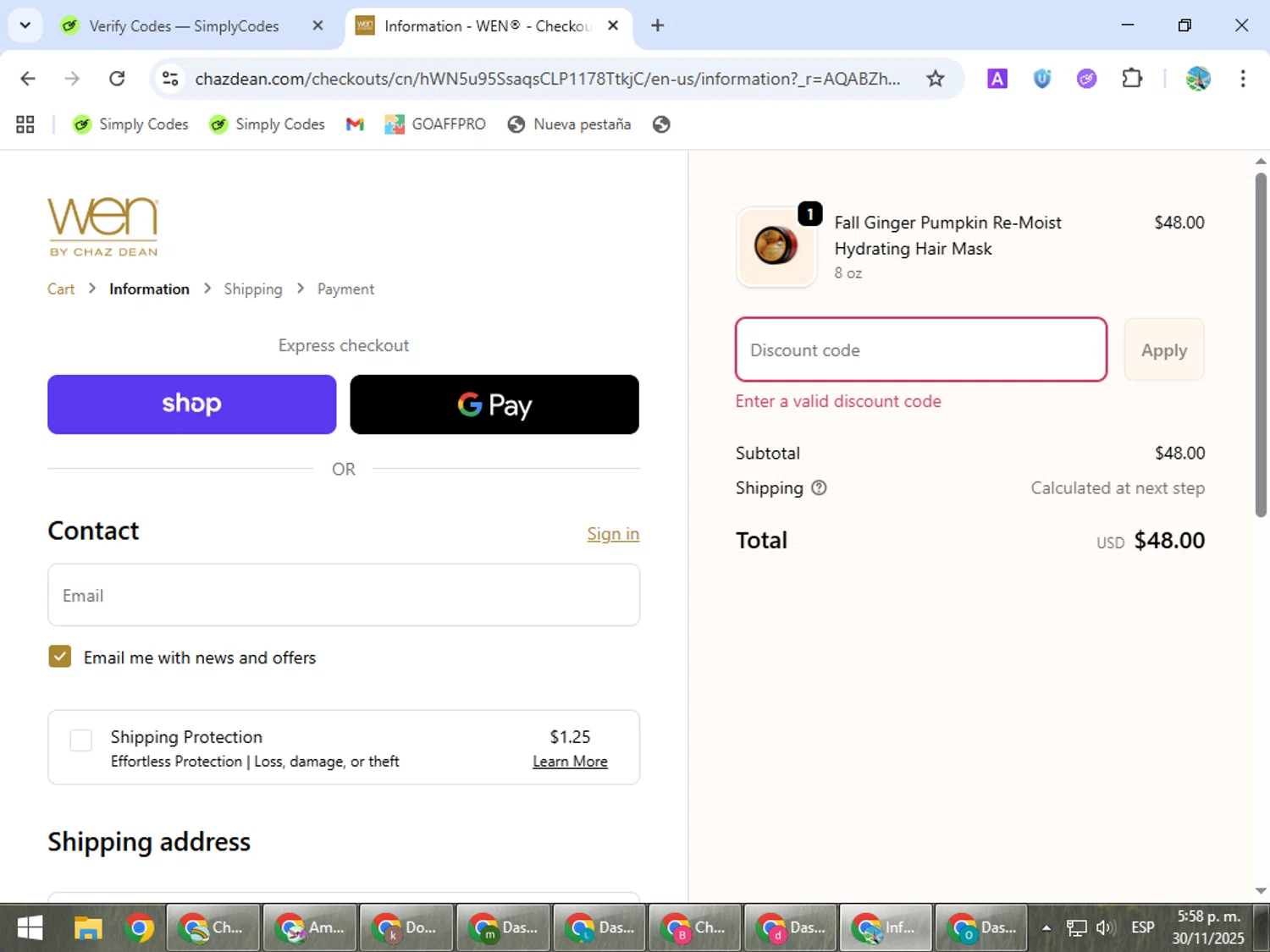 Chaz Dean promo code screenshot showing code GET20OFF applied at Chaz Dean checkout page. Uploaded by SimplyCodes community member ShrewdSpotter4101 on Nov 30, 2025