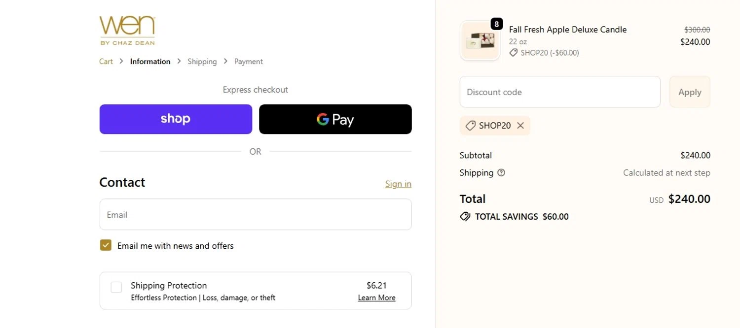 Chaz Dean promo code screenshot showing code SHOP20 applied at Chaz Dean checkout page. Uploaded by SimplyCodes community member BudgetPro6018 on Dec 1, 2025