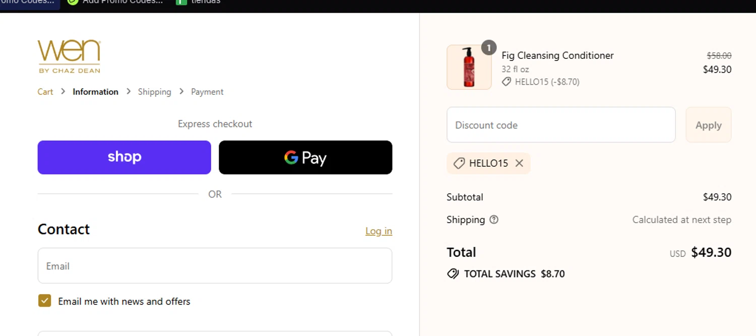 Chaz Dean promo code screenshot showing code HELLO15 applied at Chaz Dean checkout page. Uploaded by SimplyCodes community member eithanmilas on Sep 5, 2025
