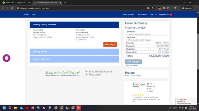 CheapAsContacts checkout page showing CheapAsContacts coupon code box | Screenshot taken by SimplyCodes community member on Jul 20, 2025