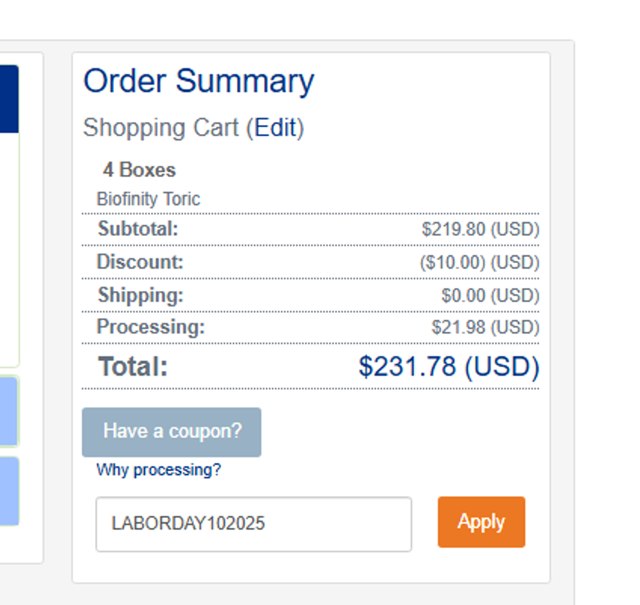 CheapAsContacts checkout page showing CheapAsContacts coupon code box | Screenshot taken by SimplyCodes community member on Aug 26, 2025