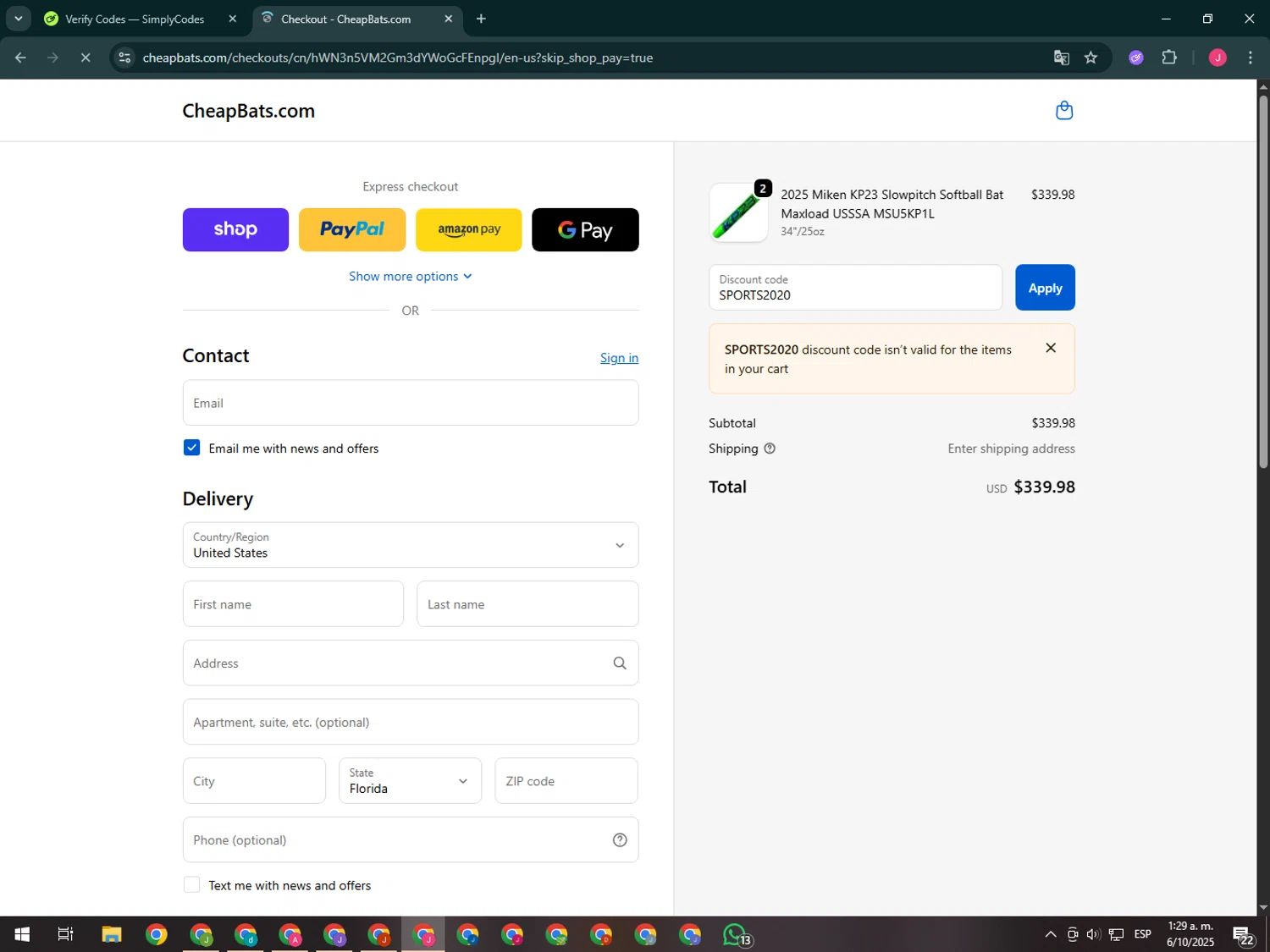 CheapBats promo code screenshot showing code SPORTS2020 applied at CheapBats checkout page. Uploaded by SimplyCodes community member CleverShopper2101 on Oct 6, 2025