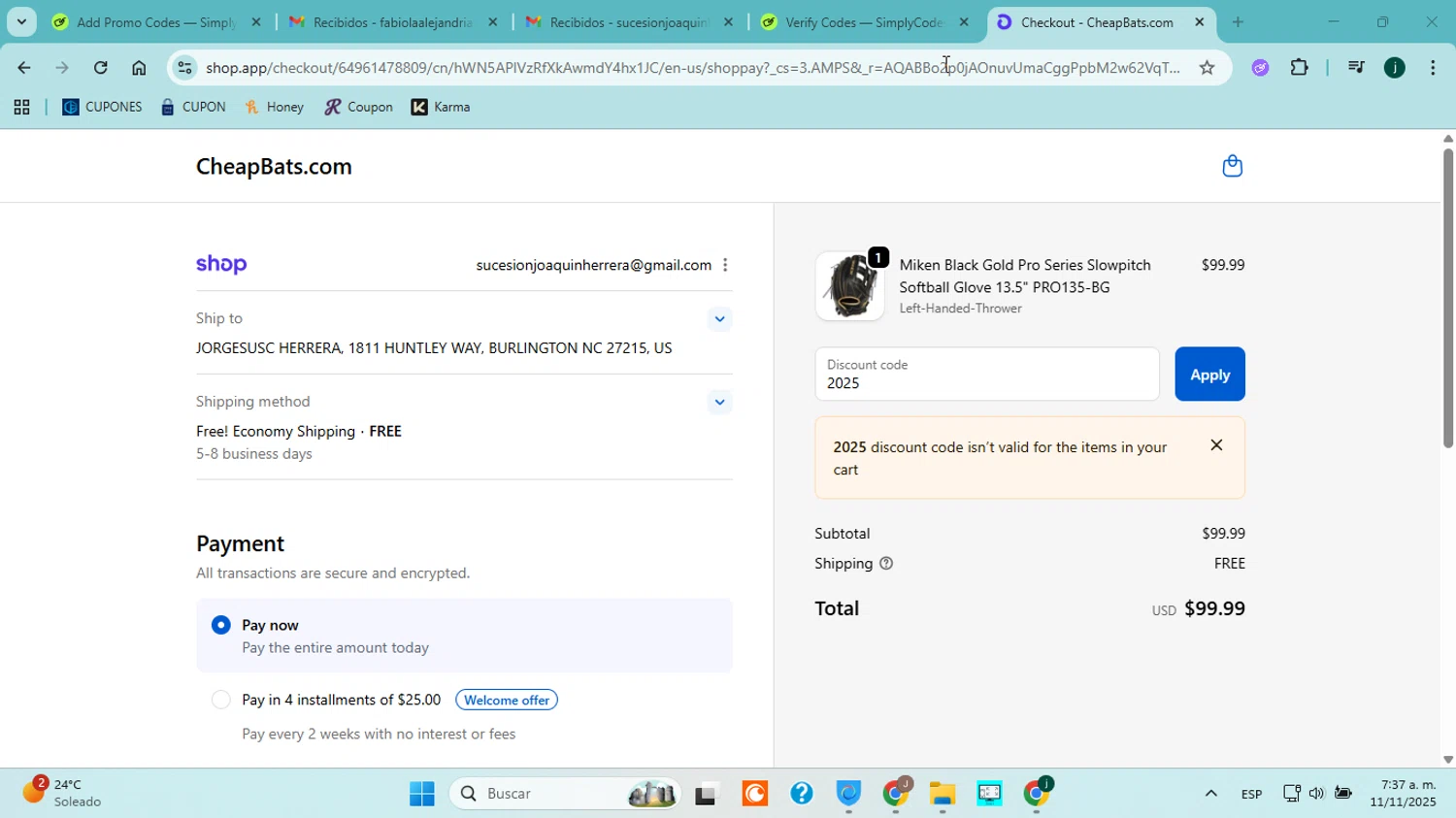 CheapBats promo code screenshot showing code 2025 applied at CheapBats checkout page. Uploaded by SimplyCodes community member ABHF23 on Nov 11, 2025