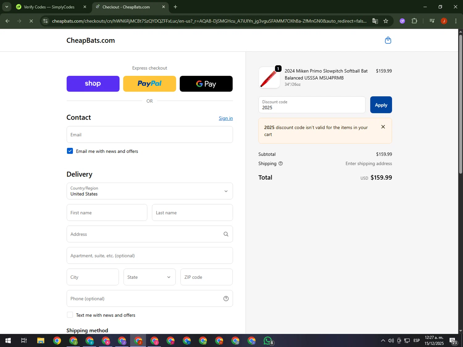 CheapBats promo code screenshot showing code 2025 applied at CheapBats checkout page. Uploaded by SimplyCodes community member KimDokja on Dec 15, 2025