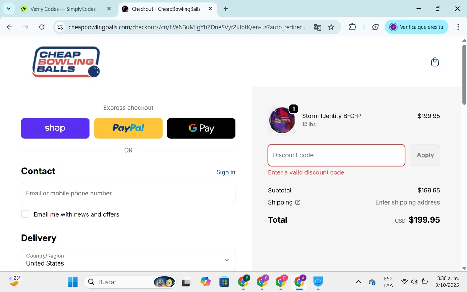 CheapBowlingBalls.com promo code screenshot showing code summer2025 applied at CheapBowlingBalls.com checkout page. Uploaded by SimplyCodes community member SEANJOHN55 on Oct 9, 2025