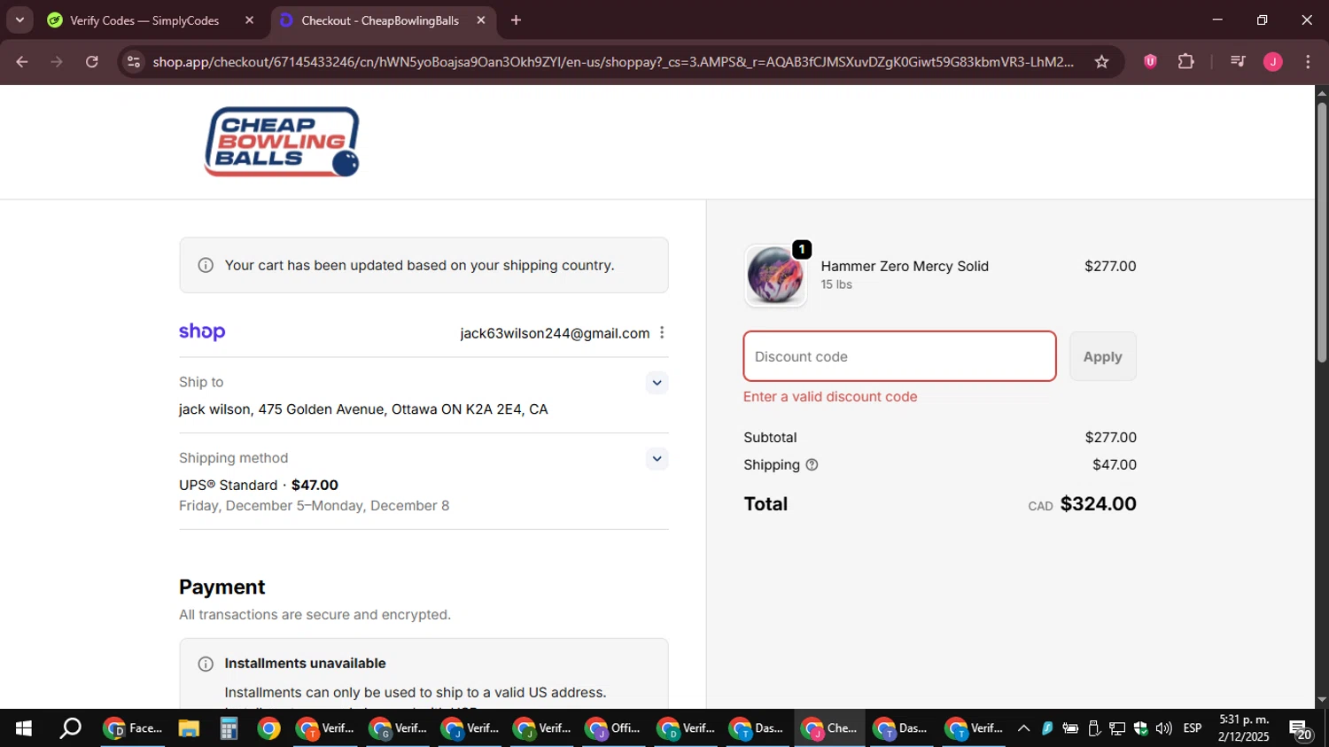 CheapBowlingBalls.com promo code screenshot showing code fall2025 applied at CheapBowlingBalls.com checkout page. Uploaded by SimplyCodes community member JackWilson63 on Dec 2, 2025