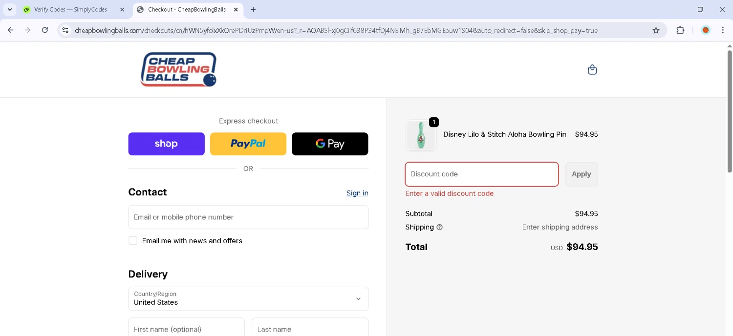 CheapBowlingBalls.com promo code screenshot showing code blackfriday2025 applied at CheapBowlingBalls.com checkout page. Uploaded by SimplyCodes community member Estefani4 on Dec 2, 2025