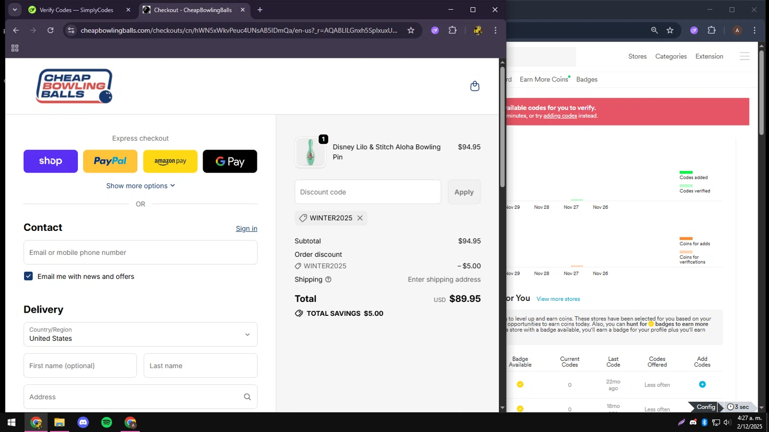 CheapBowlingBalls.com promo code screenshot showing code winter2025 applied at CheapBowlingBalls.com checkout page. Uploaded by SimplyCodes community member CrownCollector9208 on Dec 2, 2025