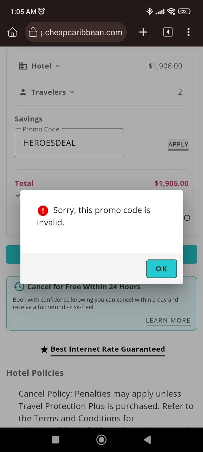 Cheap Caribbean promo code screenshot showing code HEROESDEAL applied at Cheap Caribbean checkout page. Uploaded by SimplyCodes community member CrownLion2750 on Jan 11, 2026