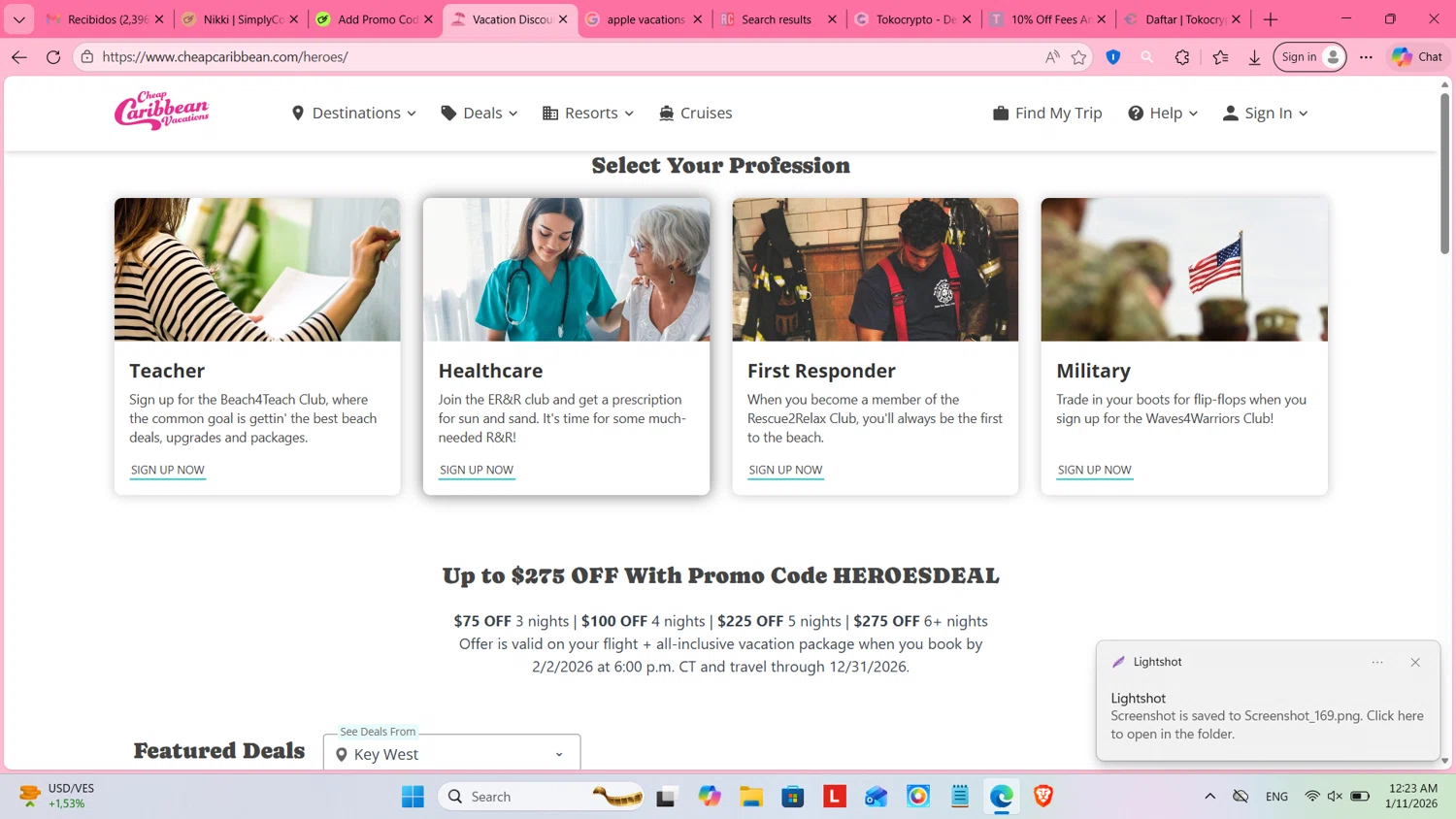 Cheap Caribbean promo code screenshot showing code HEROESDEAL applied at Cheap Caribbean checkout page. Uploaded by SimplyCodes community member cosita on Jan 11, 2026