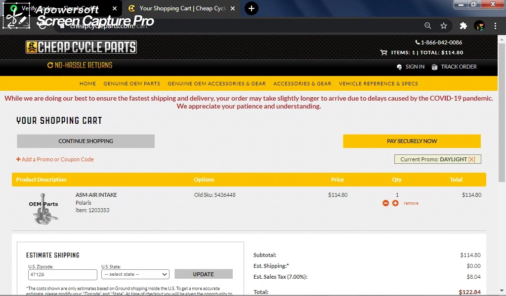 Cheap Cycle Parts checkout page showing Cheap Cycle Parts discount code box | Screenshot taken by SimplyCodes community member on Mar 11, 2021