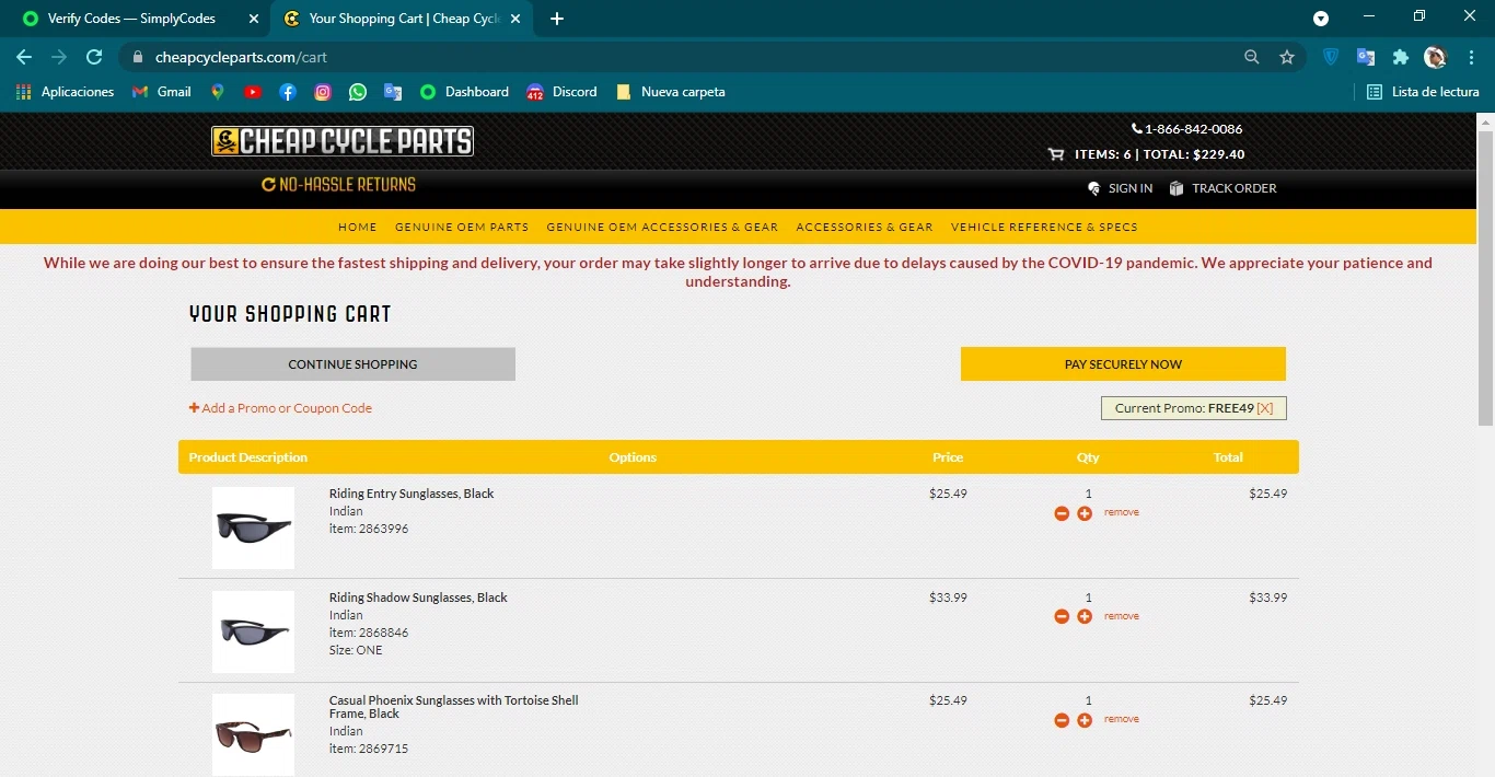 Cheap Cycle Parts checkout page showing Cheap Cycle Parts discount code box | Screenshot taken by SimplyCodes community member on Jul 25, 2021