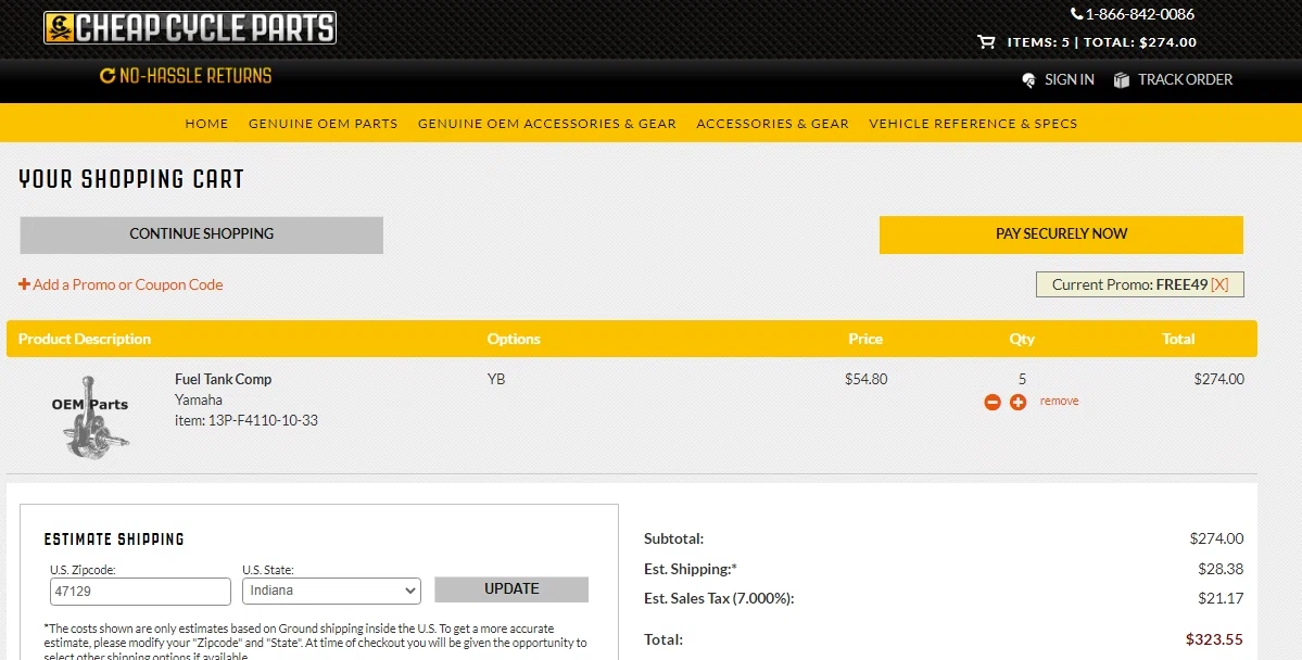 Cheap Cycle Parts checkout page showing Cheap Cycle Parts discount code box | Screenshot taken by SimplyCodes community member on Feb 21, 2022