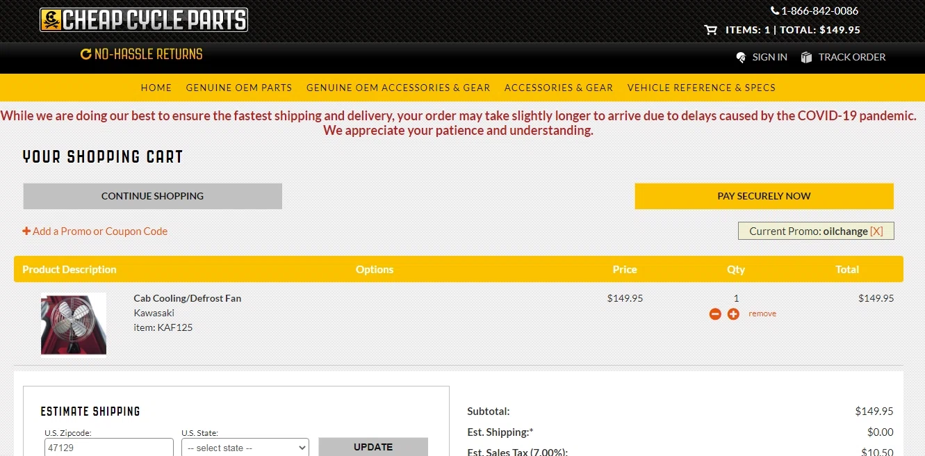 Cheap Cycle Parts checkout page showing Cheap Cycle Parts discount code box | Screenshot taken by SimplyCodes community member on Mar 22, 2021