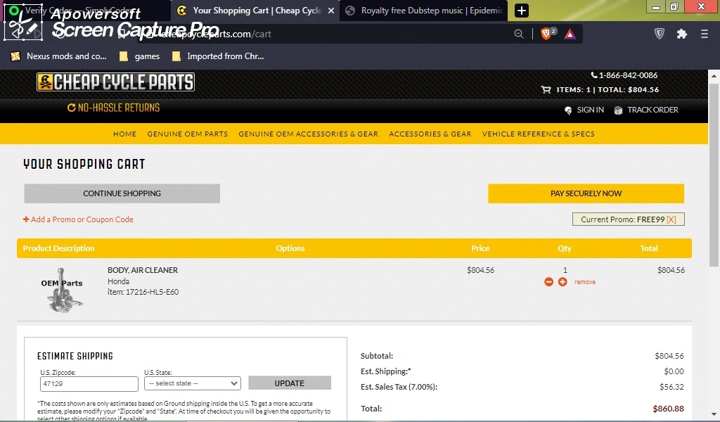 Cheap Cycle Parts checkout page showing Cheap Cycle Parts discount code box | Screenshot taken by SimplyCodes community member on Apr 13, 2021