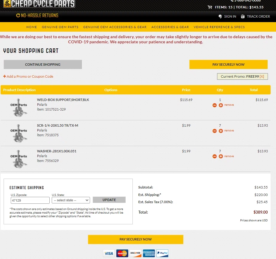 Cheap Cycle Parts checkout page showing Cheap Cycle Parts discount code box | Screenshot taken by SimplyCodes community member on Mar 14, 2021