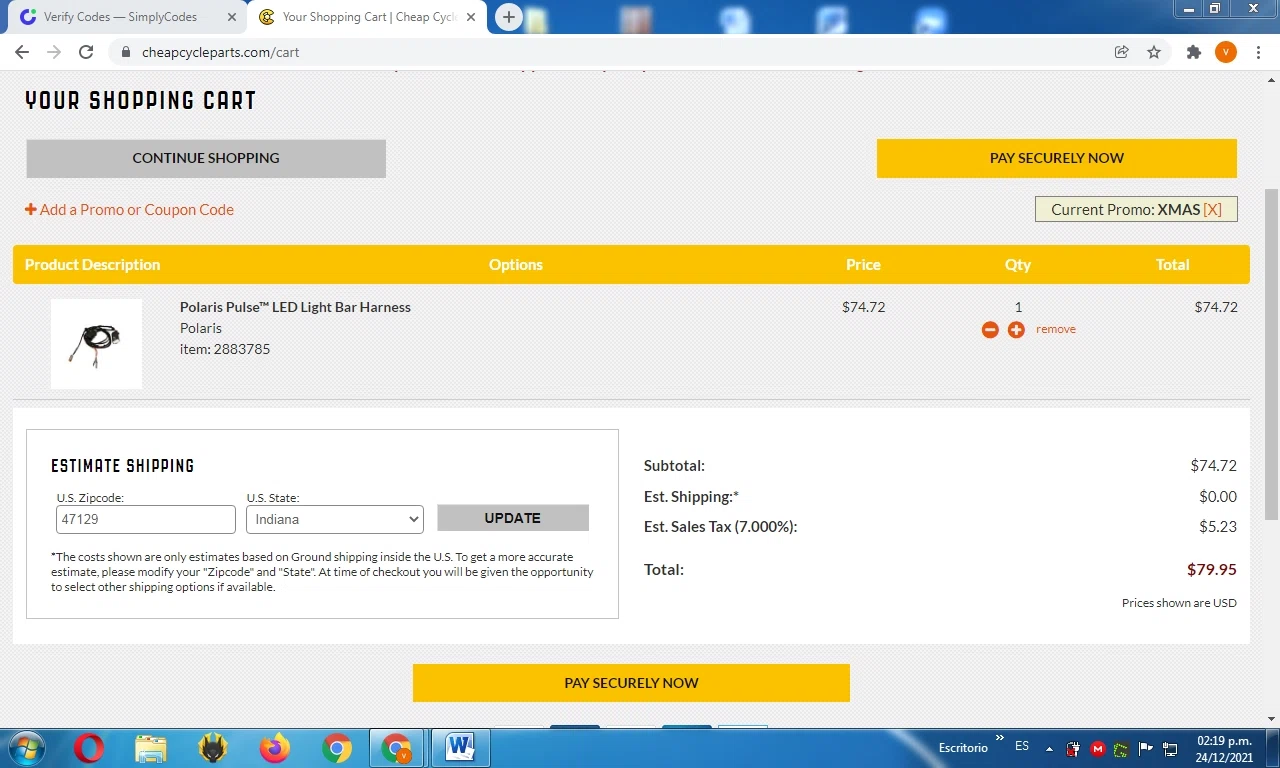 Cheap Cycle Parts checkout page showing Cheap Cycle Parts discount code box | Screenshot taken by SimplyCodes community member on Dec 24, 2021
