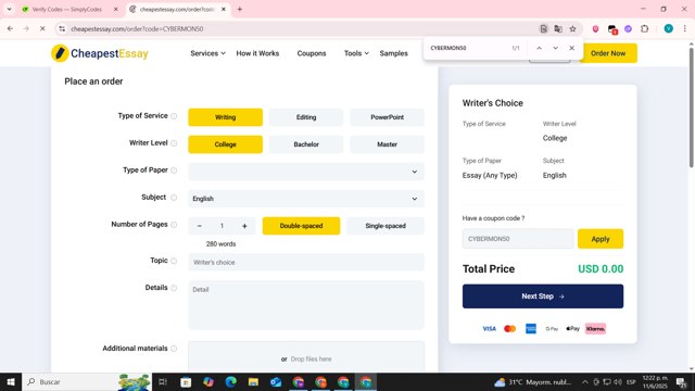 Cheapest Essay checkout page showing Cheapest Essay promo code box | Screenshot taken by SimplyCodes community member on Jun 11, 2025
