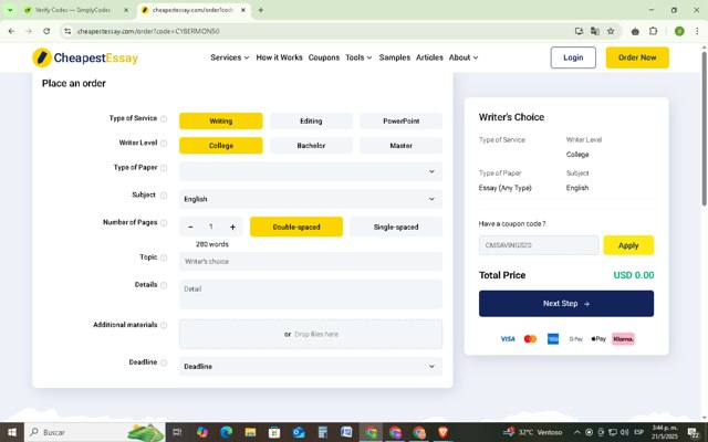 Cheapest Essay checkout page showing Cheapest Essay promo code box | Screenshot taken by SimplyCodes community member on May 21, 2025