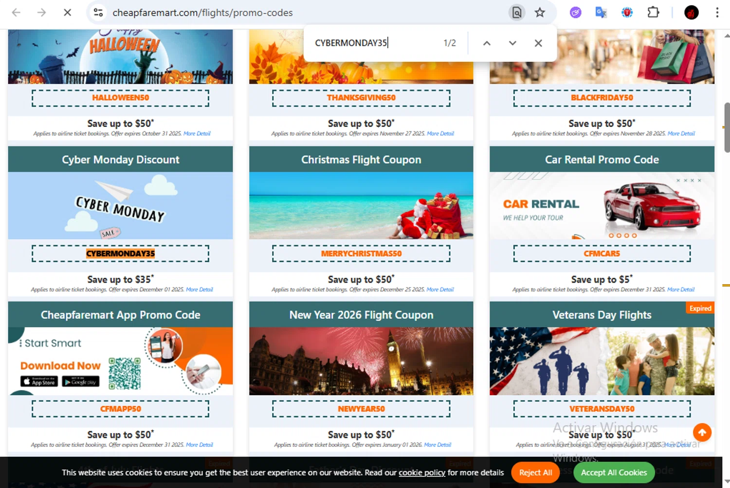 Cheapfaremart promo code screenshot showing code CYBERMONDAY35 applied at Cheapfaremart checkout page. Uploaded by SimplyCodes community member Francisco01 on Sep 17, 2025