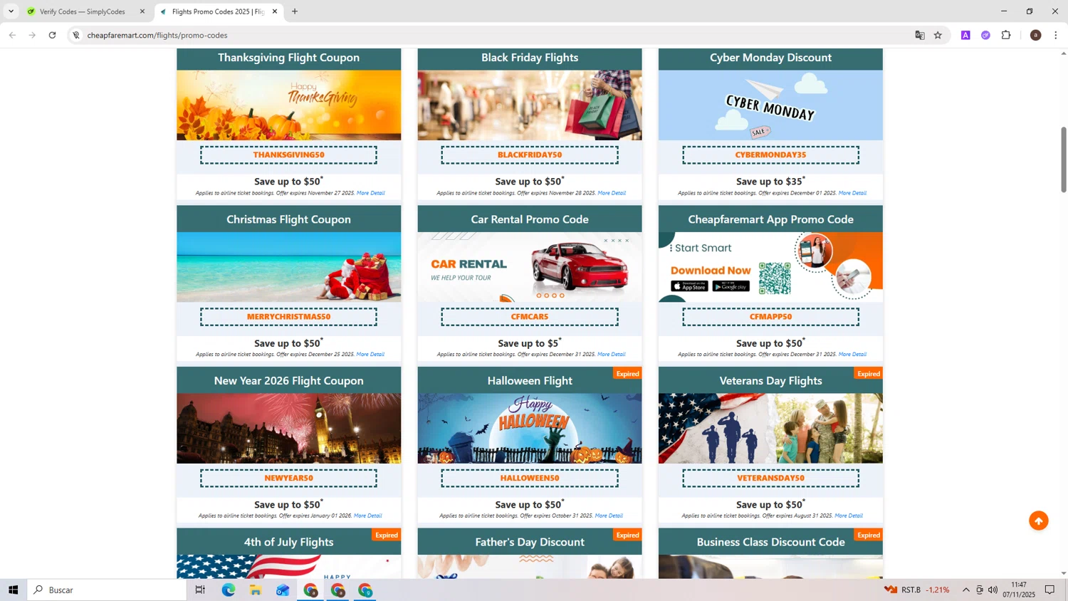 Cheapfaremart promo code screenshot showing code MERRYCHRISTMAS50 applied at Cheapfaremart checkout page. Uploaded by SimplyCodes community member ShieldAdmiral2781 on Nov 7, 2025